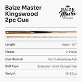 Baize Master Kingswood PREMIUM 57 Inch 2 Piece Centre Joint Matching Ash Hand Spliced Snooker Pool Cue with Mini Butt 9.5mm Tip