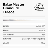 Baize Master Limited Edition Grandure #010 One Piece Hand Spliced Ultra-Premium English Pool Cue with Titanium Ferrule and Hand-Fitted Asia Cues Pro 8mm Tip – Handmade in Thailand by Asia Cues