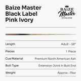 BAIZE MASTER Black Label 58 Inch One Piece Hand Spliced Premium Ebony Butt Snooker Cue with 9.75mm Leather Tip