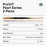 PRO147 Pearl Series B Hand Spliced 2 Piece 57 Inch Snooker Pool Cue with Smooth Premium Ash Shaft and Ebony Style Butt with 9.5mm Pro Leather Tip