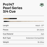 PRO147 Pearl Series White 57 Inch 3/4 Jointed Snooker Pool Cue 9.5mm Pro Leather Tip