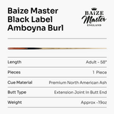 BAIZE MASTER Black Label 58 Inch One Piece Hand Spliced Premium Ebony Butt Snooker Cue with 9.75mm Leather Tip