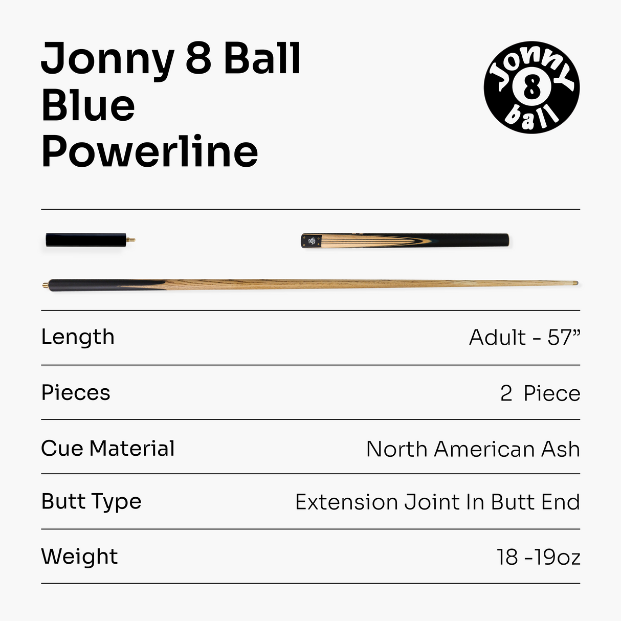 Jonny 8 Ball 57 Inch Traditional ¾ Jointed Ash Snooker Pool Cue 9mm tip + Mini Butt