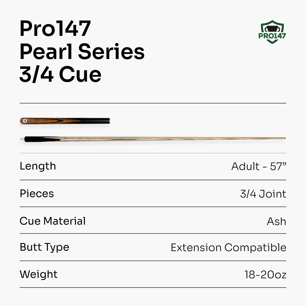 PRO147 Pearl Series Amboyna Burl 57 Inch 3/4 Jointed Snooker Pool Cue 9.5mm Pro Leather Tip