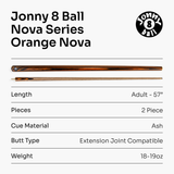 Jonny 8 Ball NOVA 57 Inch 2 Piece English Pool Cue 9mm tip with Slim Tapered Ash Shaft