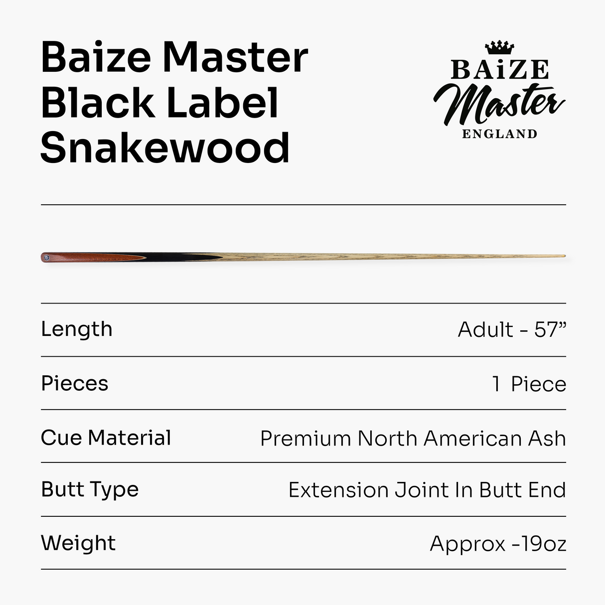 Baize Master Black Label 57 Inch One Piece Hand Spliced Premium Ebony Butt English Pool Cue with 8mm Leather Tip