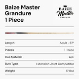 Baize Master Limited Edition Grandure One Piece Hand Spliced Ultra-Premium English Pool Cue with Titanium Ferrule and Hand-Fitted Asia Cues Pro 8mm Tip – Handmade in Thailand by Asia Cues