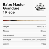 Baize Master Limited Edition Grandure #005 One Piece Hand Spliced Ultra-Premium English Pool Cue with Titanium Ferrule and Hand-Fitted Asia Cues Pro 8mm Tip – Handmade in Thailand by Asia Cues