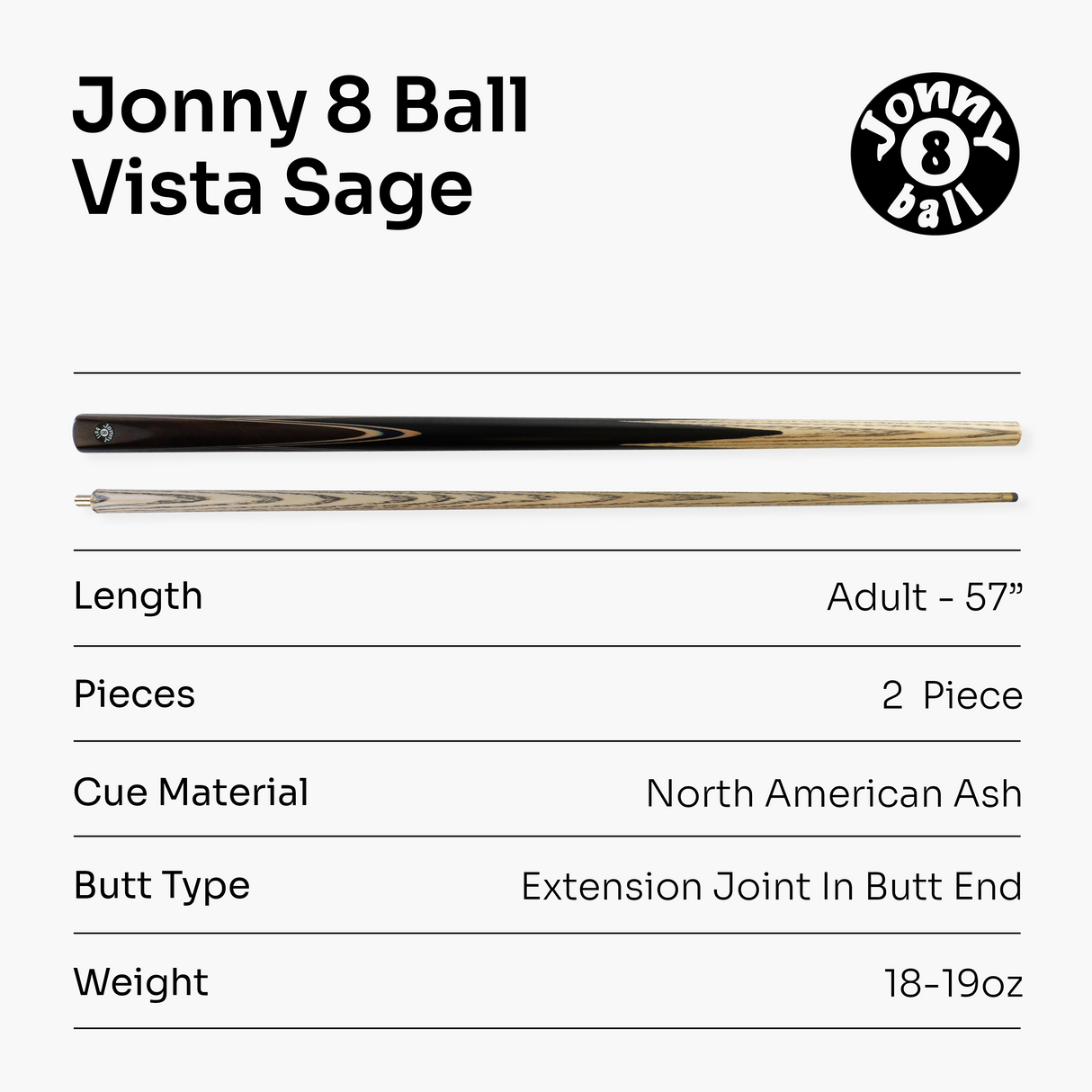 Jonny 8 Ball VISTA 57 Inch 2 Piece English Pool Cue and Case Set with 8mm tip