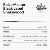 BAIZE MASTER Black Label 58 Inch One Piece Hand Spliced Premium Ebony Butt Snooker Cue with 9.75mm Leather Tip