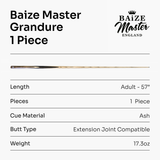 Baize Master Limited Edition Grandure One Piece Hand Spliced Ultra-Premium English Pool Cue with Titanium Ferrule and Hand-Fitted Asia Cues Pro 8mm Tip – Handmade in Thailand by Asia Cues