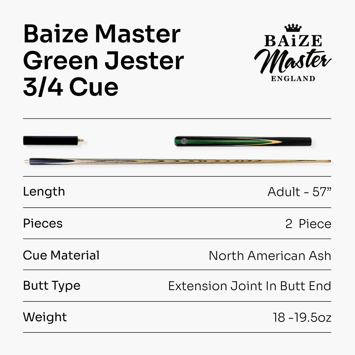 Baize Master 3/4 GREEN JESTER 57 Inch Ash Snooker Pool Cue with 9.5mm Tip