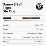 Jonny 8 Ball CLASSIC 3/4 Jointed English Pool Cue with 8.5mm Leather Tip