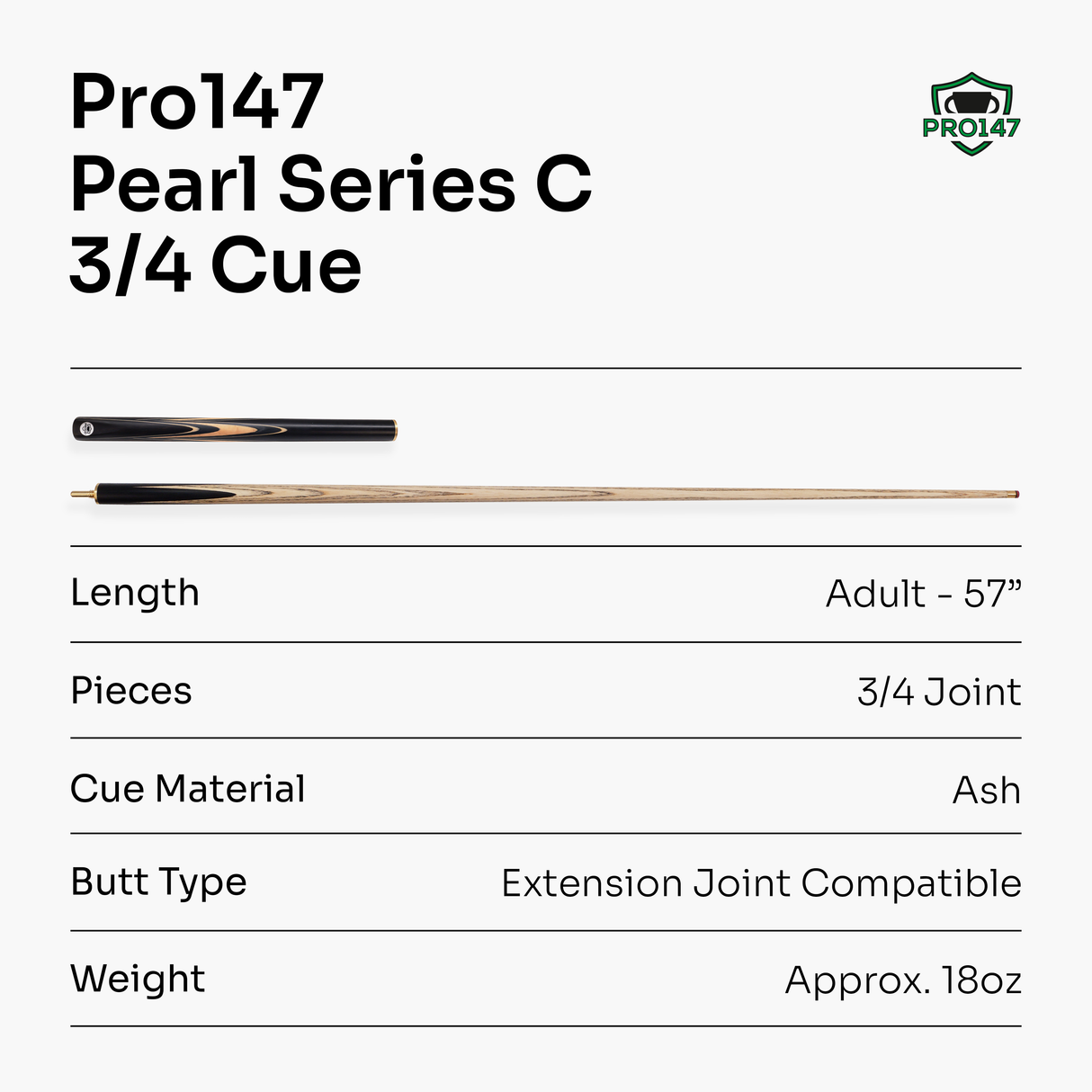 PRO147 Pearl Series C 57 Inch 3/4 Jointed Snooker Pool Cue 9.5mm Pro Leather Tip