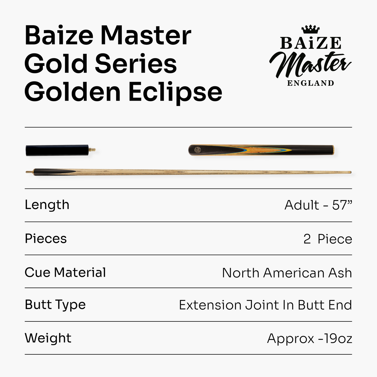 Baize Master Gold Series Golden Eclipse 58 Inch ¾ Joint Premium Ash Snooker Pool Cue 9.5mm Tip