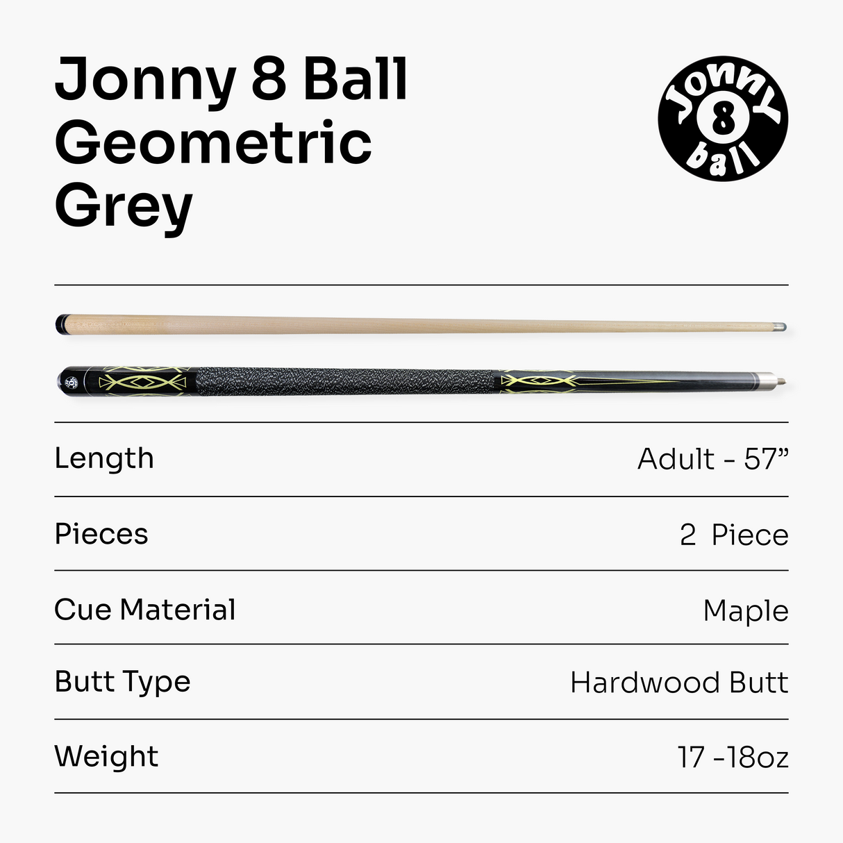 Jonny 8 Ball Geometric 57 Inch 2 Piece Snooker Pool Cue and Case Set 10mm Tip