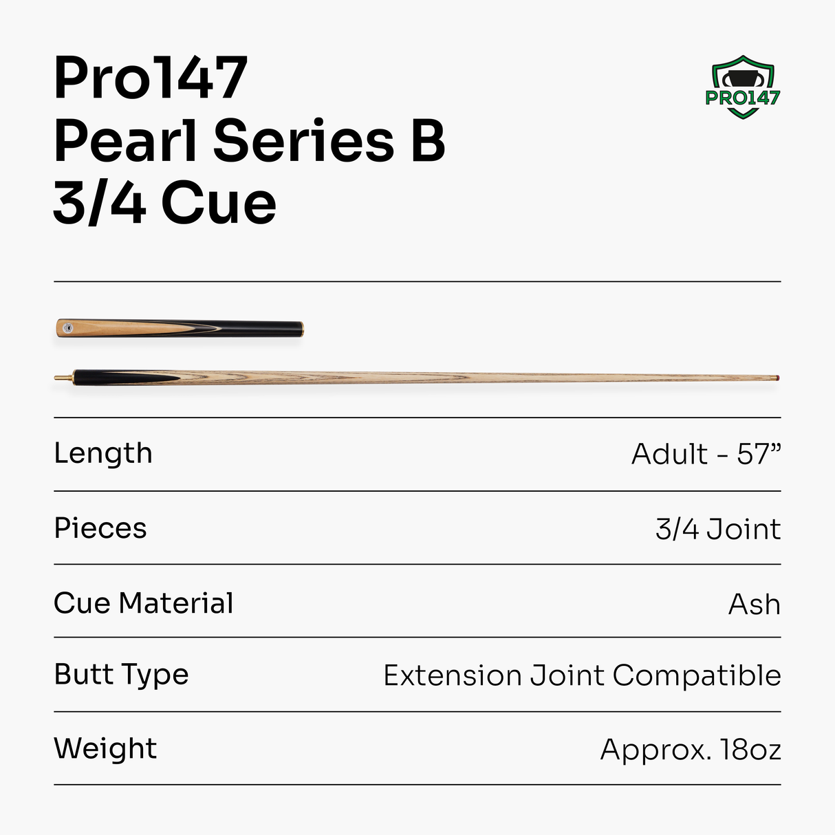 PRO147 Pearl Series B 57 Inch 3/4 Jointed Snooker Pool Cue 9.5mm Pro Leather Tip