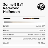 Jonny 8 Ball 57 Inch Traditional ¾ Jointed Ash Snooker Pool Cue 9mm tip + Mini Butt