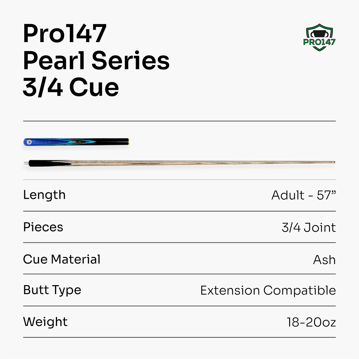 PRO147 Pearl Series Green Burl 57 Inch 3/4 Jointed Snooker Pool Cue 9.5mm Pro Leather Tip