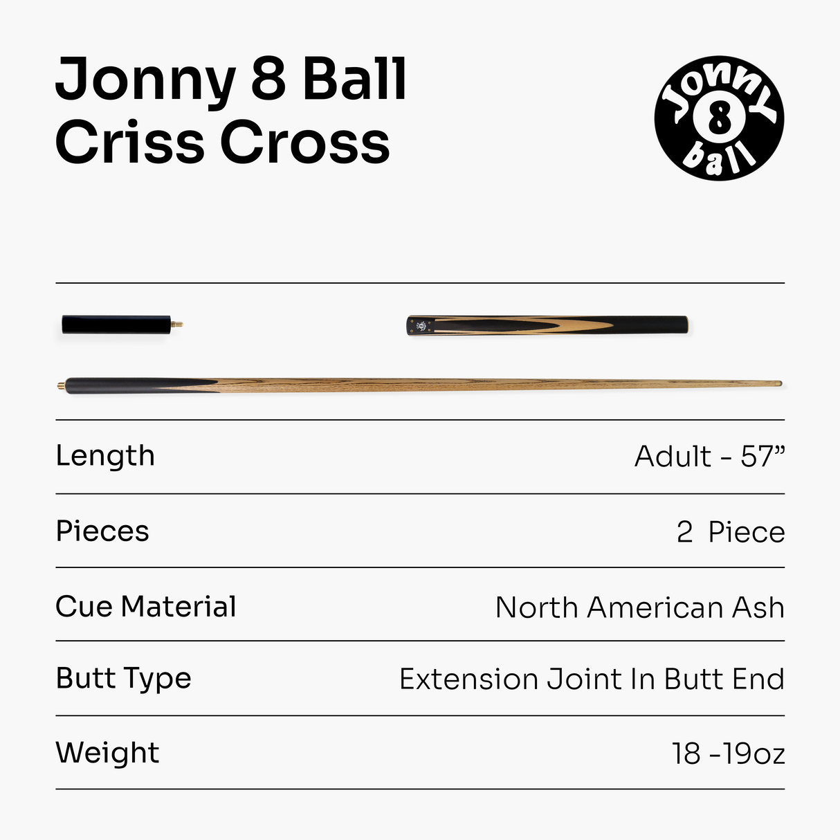 Jonny 8 Ball 57 Inch Traditional ¾ Jointed Ash Snooker Pool Cue 9mm tip + Mini Butt