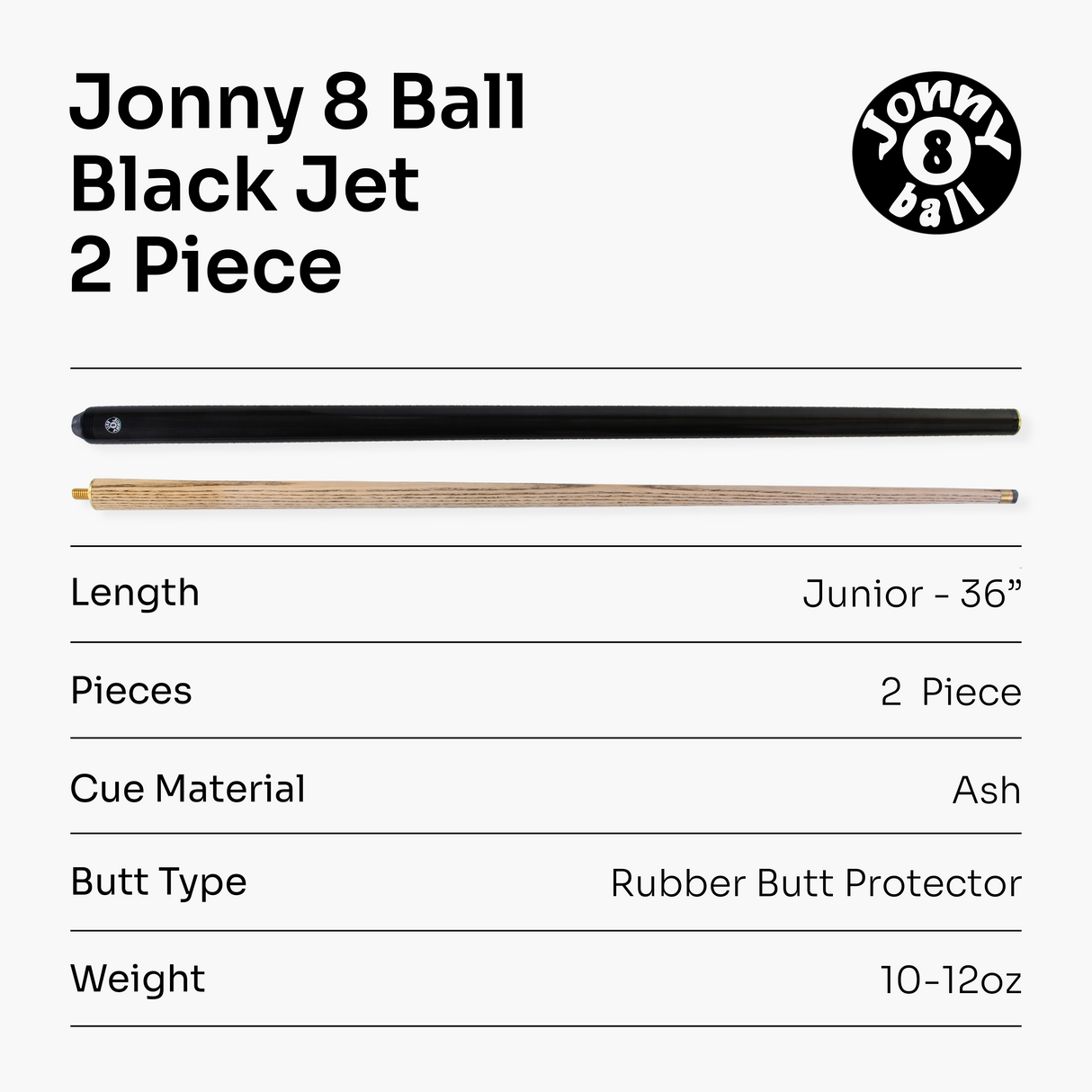 Jonny 8 Ball 36 Inch JET Junior Ash Kids Snooker Pool Cue & MATCHING Hard Case