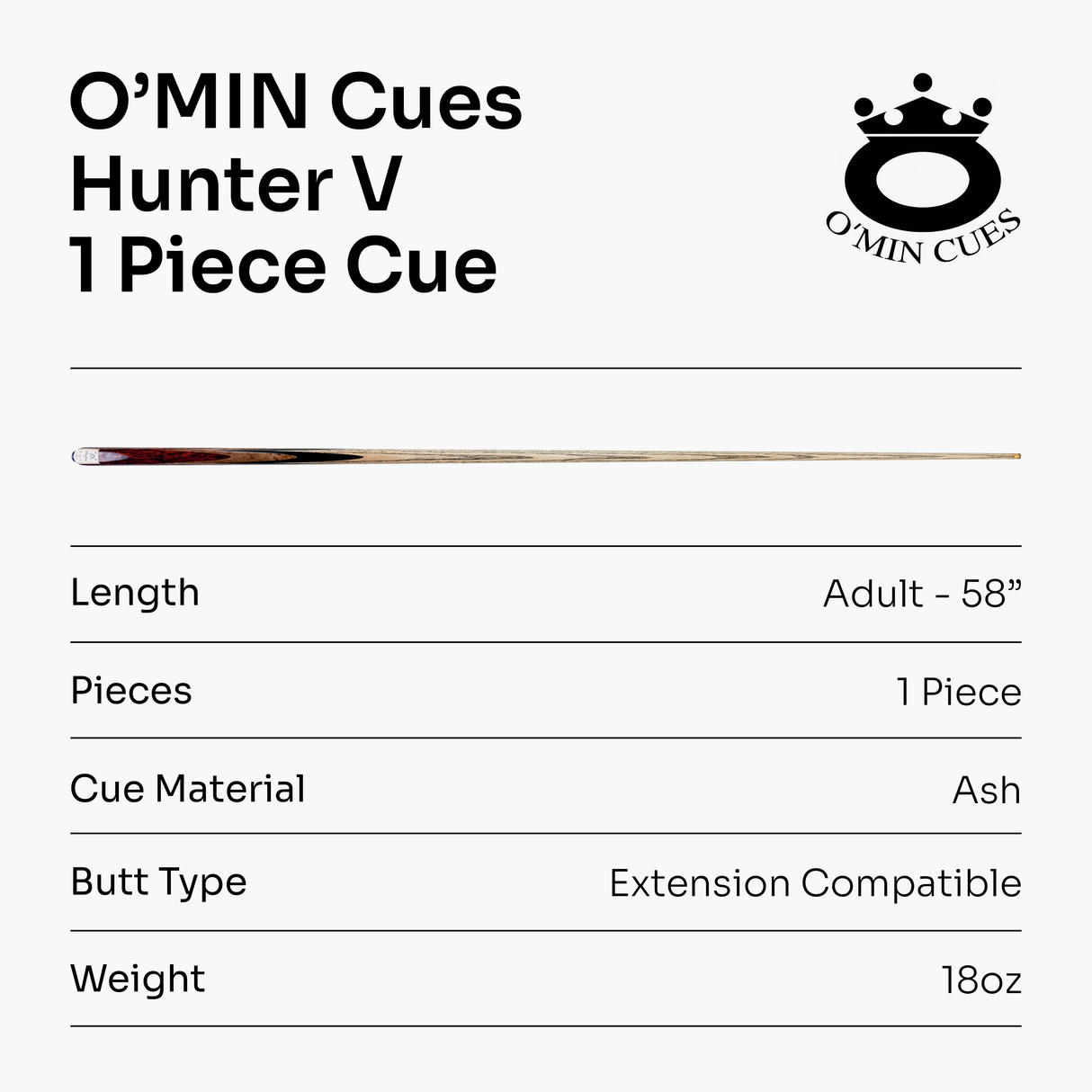 O’MIN “Hunter V” One Piece Hand Spliced 58 Inch Luxury Professional Snooker Cue and Case Set with Hand-Fitted Omin Cues Pro 9.75mm Tip – Handmade in Thailand by O’MIN Cues