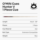 O’MIN “Hunter V” One Piece Hand Spliced 58 Inch Luxury Professional Snooker Cue and Case Set with Hand-Fitted Omin Cues Pro 9.75mm Tip – Handmade in Thailand by O’MIN Cues