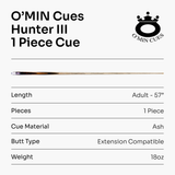 O’MIN “Hunter III” One Piece Hand Spliced 57 Inch Ultra Luxury Professional English Pool Cue with Hand-Fitted Omin Cues Pro 8.3mm Tip – Handmade in Thailand by O’MIN Cues