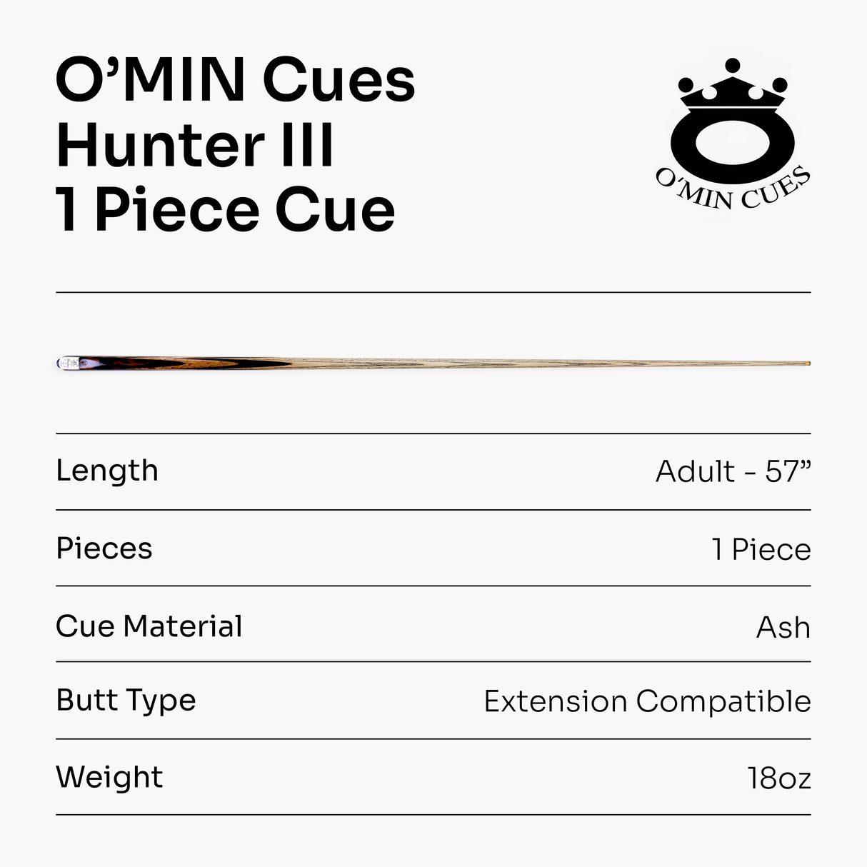 O’MIN “Hunter III” One Piece Hand Spliced 57 Inch Ultra Luxury Professional English Pool Cue and Case Set with Hand-Fitted Omin Cues Pro 8.3mm Tip – Handmade in Thailand by O’MIN Cues