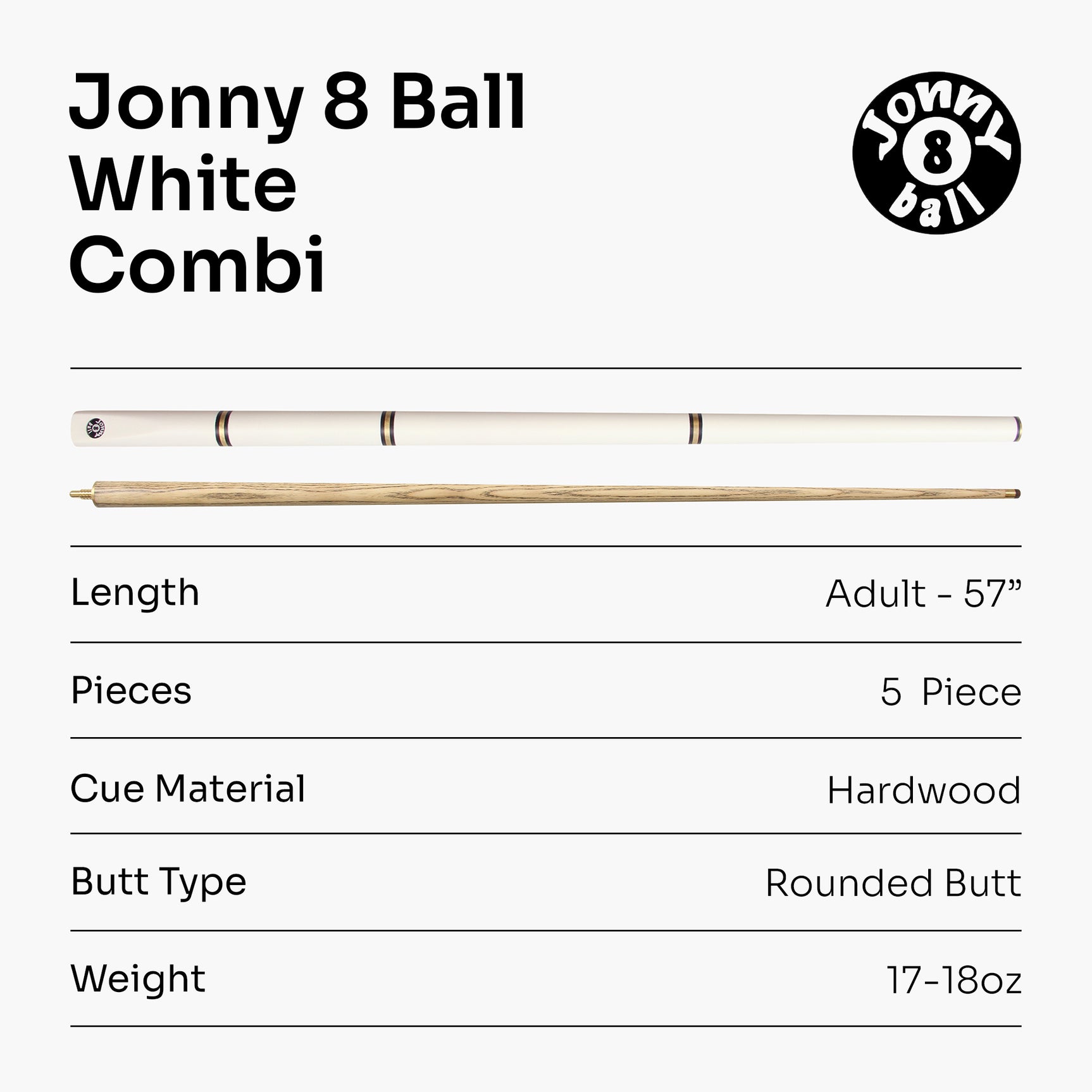 Jonny 8 Ball COMBI Length Adjustable 5 Piece Ash Snooker Pool Cue – 9mm Tip