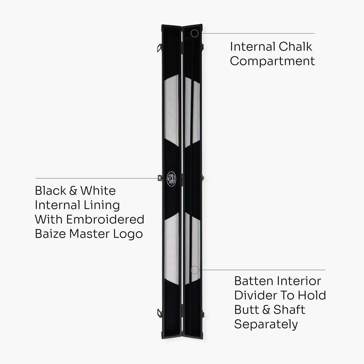 Baize Master BLACK + WHITE INTERIOR 3/4 Deluxe Black Pool Snooker Cue Case with Plastic Ends and Embroidered Logo