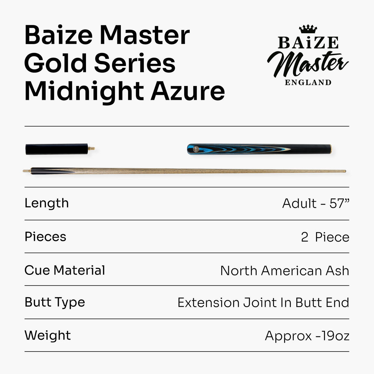 Baize Master Gold Series Midnight Azure 58 Inch ¾ Joint Premium Ash Snooker Pool Cue 9.5mm Tip