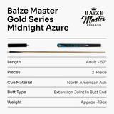 Baize Master Gold Series Midnight Collection 58 Inch ¾ Joint Premium Ash Snooker Pool Cue 9.5mm Tip