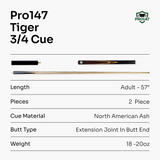 Pro147 CLASSIC 3/4 Jointed Snooker Pool Cue with Genuine Multi Spliced Butt 9.5mm Leather Tip and Quick Release + 6" Mini Butt