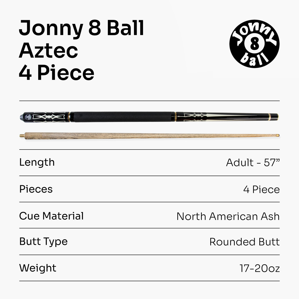 Jonny 8 Ball AZTEC 8.5mm Tip Adjustable 4 Piece Ash Pub Pool Cue, Shorten to 45"