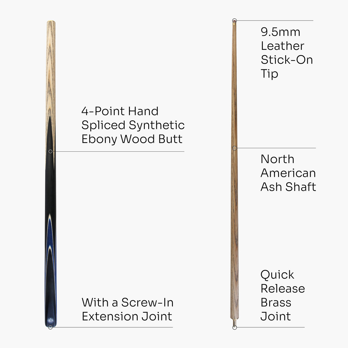 Baize Master CRUCIBLE 57 Inch 2 Piece Centre Joint Ash Snooker Pool Cue with 9.5mm Tip + Mini Butt Extension