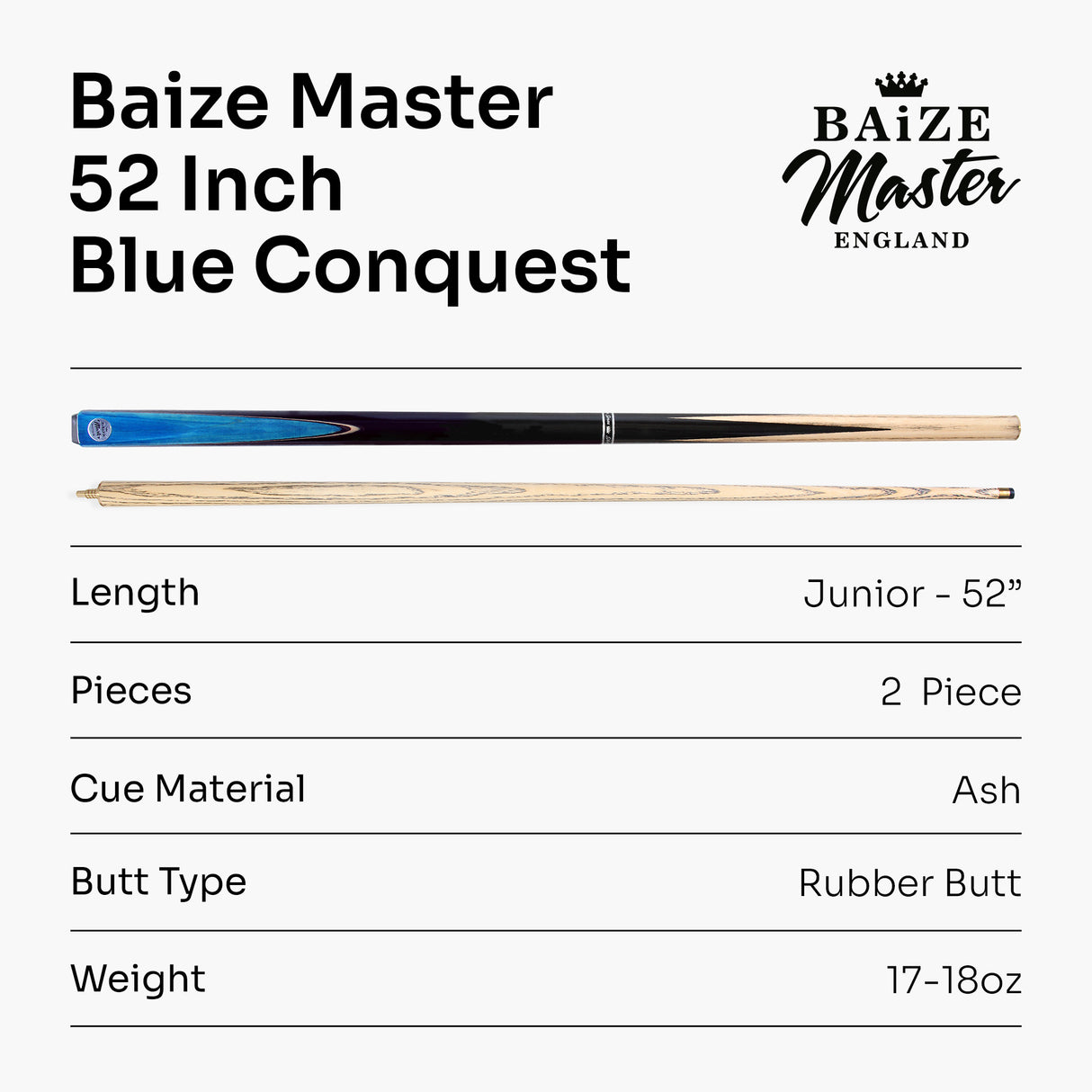 Baize Master CONQUEST 52 Inch 2 Piece Junior Snooker Pool Cue with 9.5mm Tip