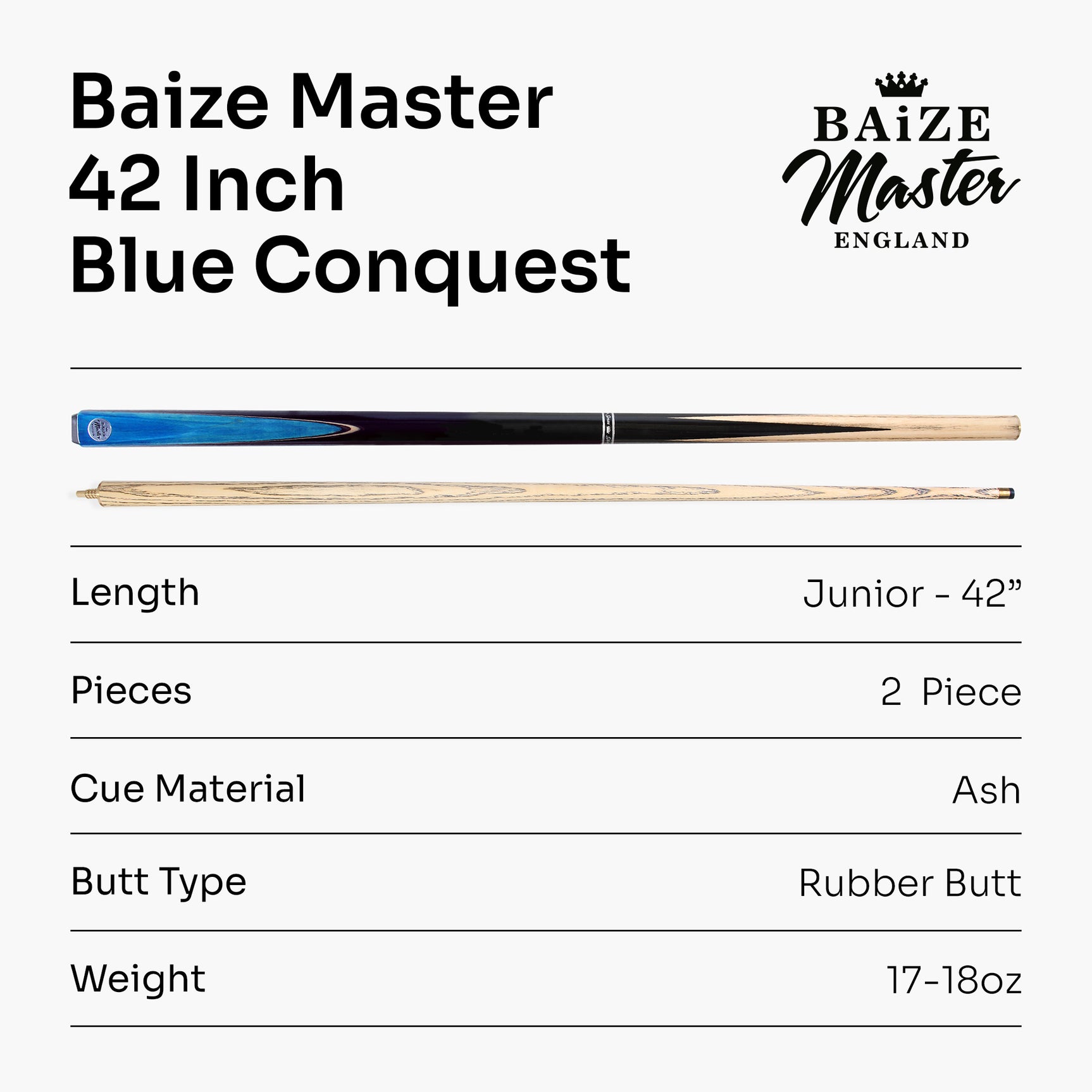 Baize Master CONQUEST 42 Inch 2 Piece Junior Kids Snooker Pool Cue 9.5mm Layered Tip