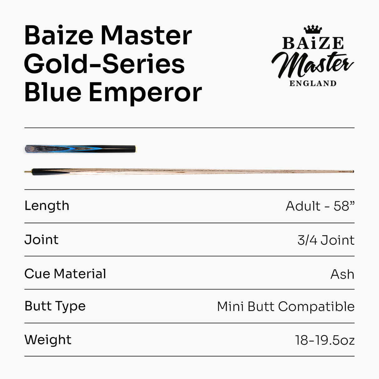 Baize Master Gold Series 58 Inch EMPEROR ¾ Jointed Snooker Pool Cue with 9.5mm Tip and 6 Inch Mini Butt