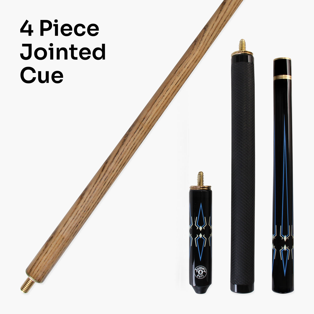 Jonny 8 Ball BLUE INCA 10mm Tip, Adjustable 4 Piece Ash Pool Cue shorten to 45"