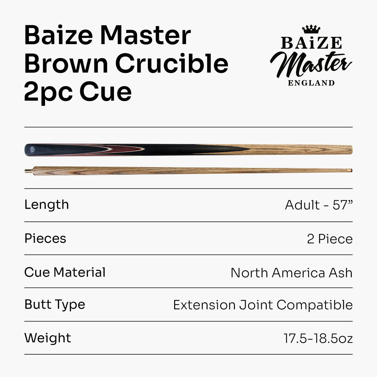 Baize Master CRUCIBLE 57 Inch 2 Piece Centre Joint Ash Snooker Pool Cue with 9.5mm Tip + Mini Butt Extension