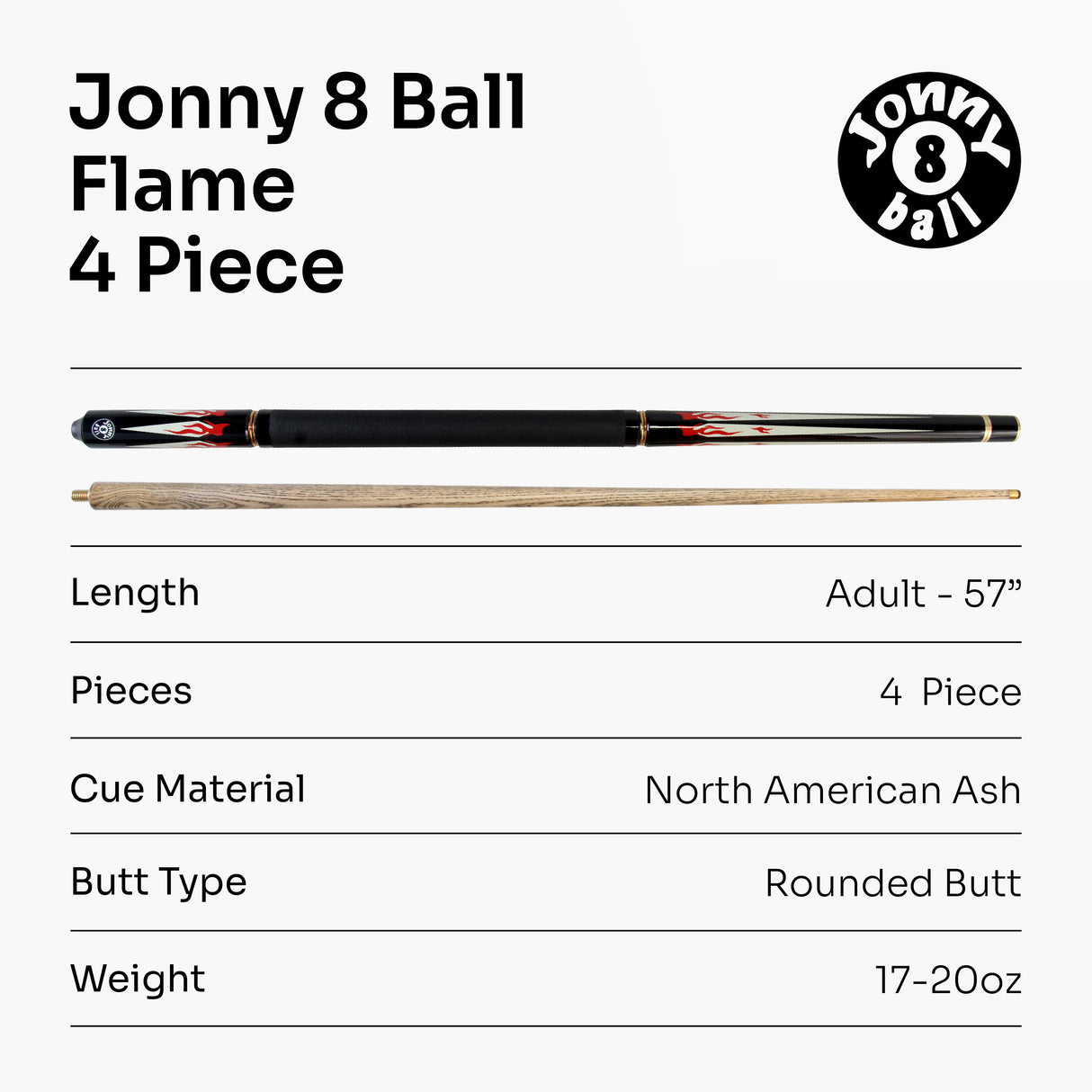 Jonny 8 Ball 57 Inch Adjustable 4 Piece Pool Cue 8mm Tip - Shorten to 45 Inch