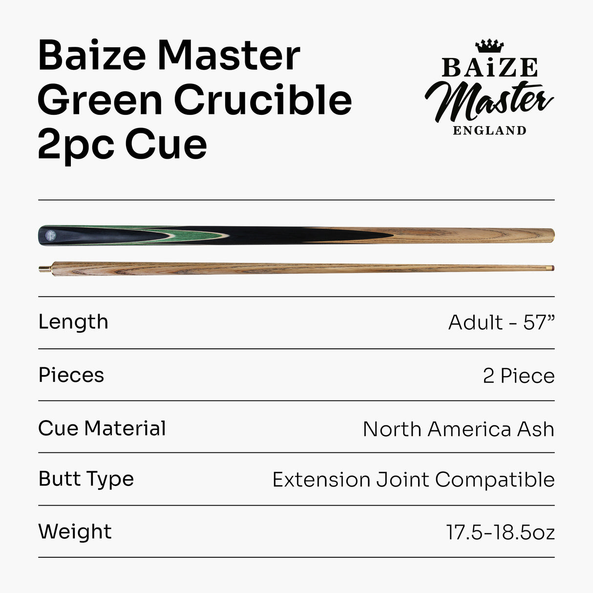 Baize Master CRUCIBLE 57 Inch 2 Piece Centre Joint Ash Snooker Pool Cue with 9.5mm Tip + Mini Butt Extension