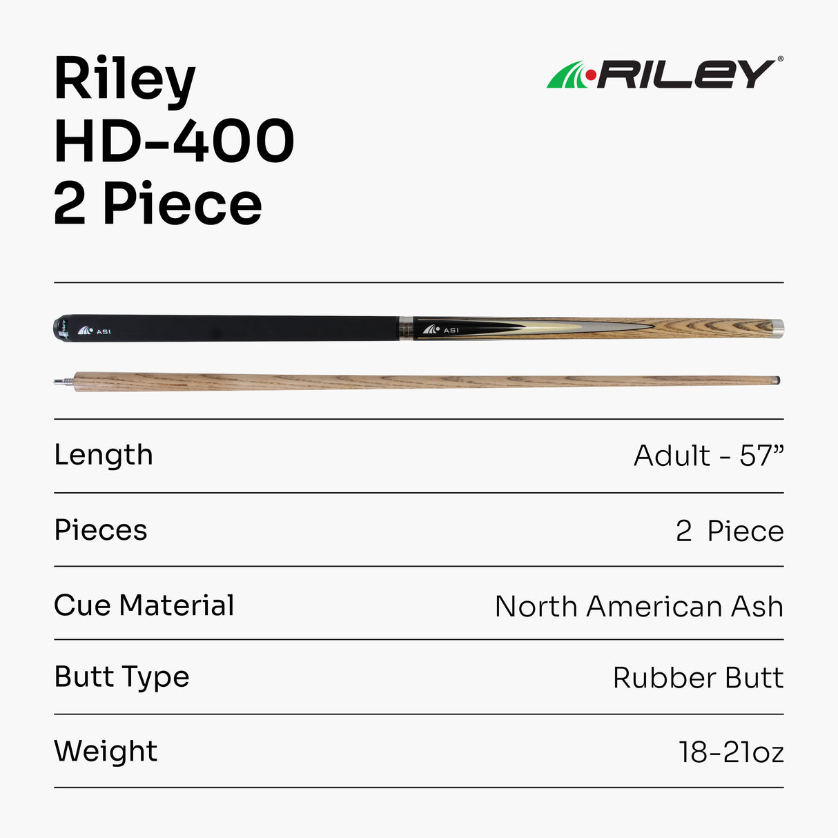 Riley HD-400 Anti Shock Impact ASI 57 Inch 2 Piece Centre Joint Snooker Pool Cue and Case Set with Weight Adjustable WAC Technology 9.5mm Tip