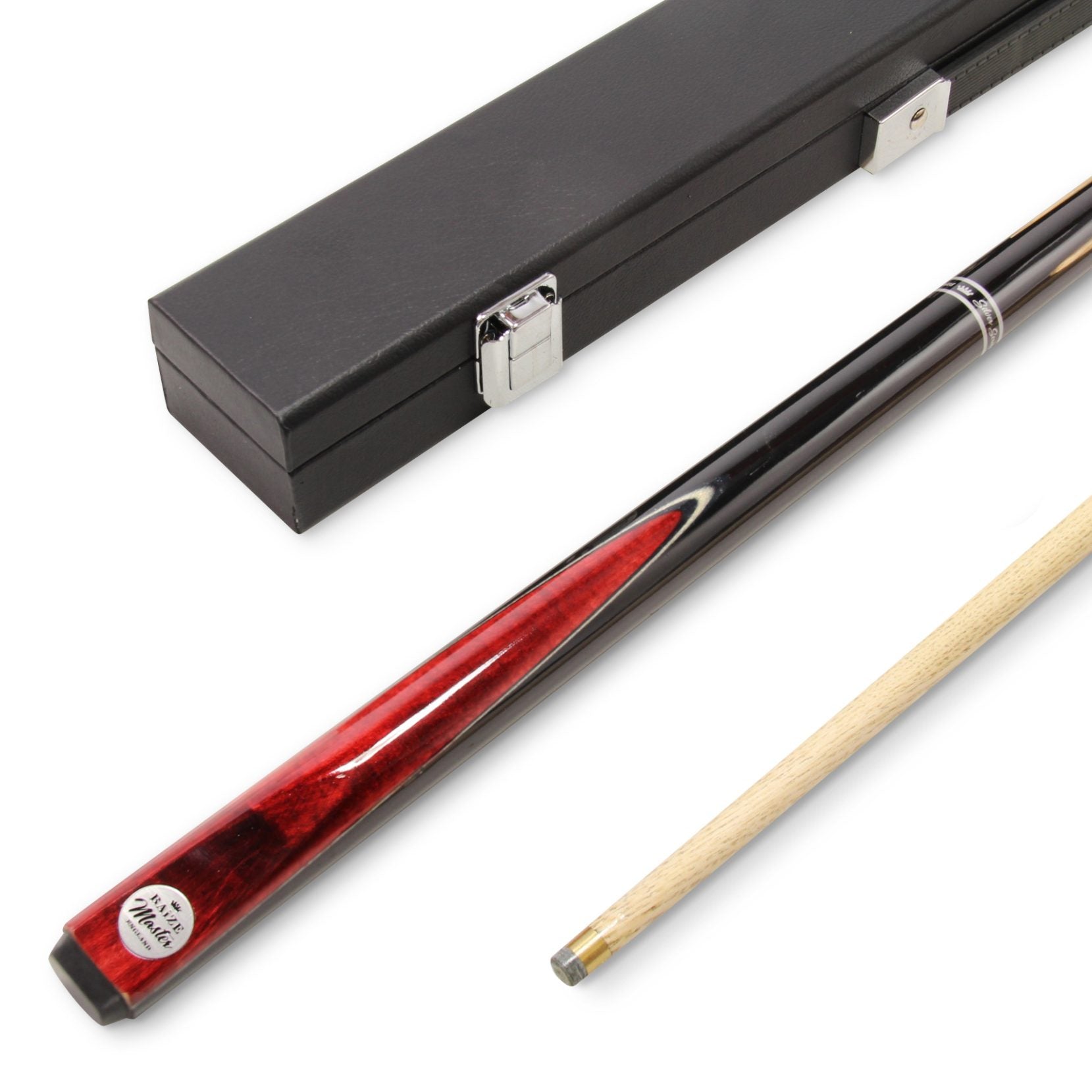 Baize Master Silver Series 42 Inch RED CONQUEST Junior Kids Short Snooker Pool 2pc Ash Cue Set with MEDIUM BLACK HARD CASE - 9.5mm