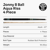 Jonny 8 Ball AQUA RISS 57 Inch 2 Piece Centre Joint English Pool Cue with 8.5mm Elk Master Tip