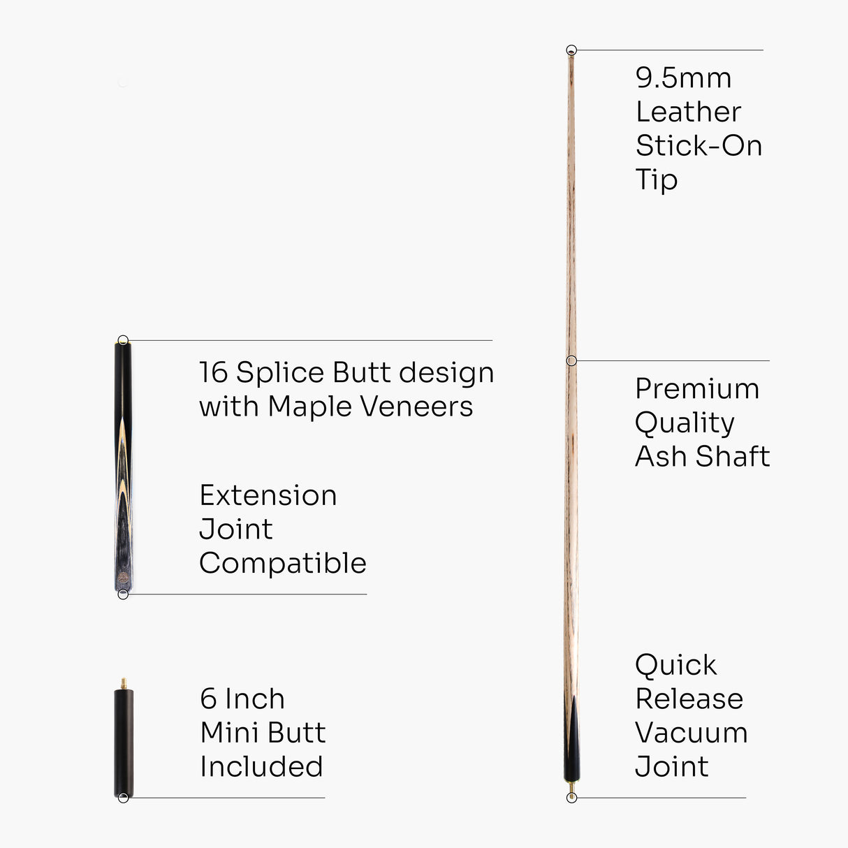 Baize Master Gold Series 58 Inch EMPEROR ¾ Jointed Snooker Pool Cue with 9.5mm Tip and 6 Inch Mini Butt