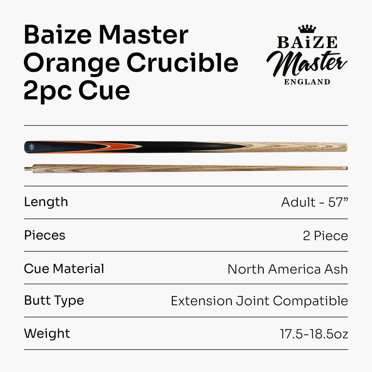 Baize Master CRUCIBLE 57 Inch 2 Piece Centre Joint Ash Snooker Pool Cue with 9.5mm Tip + Mini Butt Extension