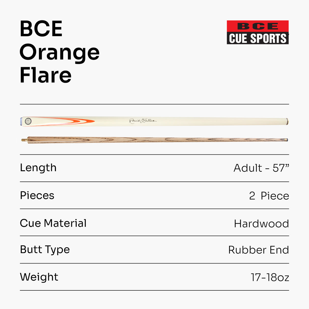 BCE Ronnie O'Sullivan ORANGE FLARE Cream Butt 2pc Ash Pool Snooker Cue 9.5mm Tip