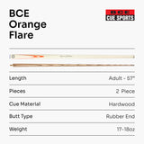 BCE Ronnie O'Sullivan ORANGE FLARE Cream Butt 2pc Ash Pool Snooker Cue 9.5mm Tip